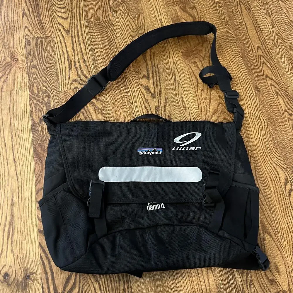 Patagonia Niner Messenger Bag Black Pedal Damn It Reflective Logo 20x14 Shoulder